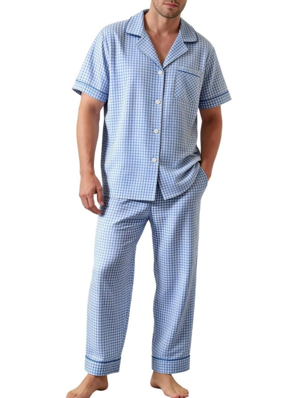Cozy Men's Cotton Plaid Pajama Set - Short Sleeve, 2 Piece, Pockets, Relaxed Fit